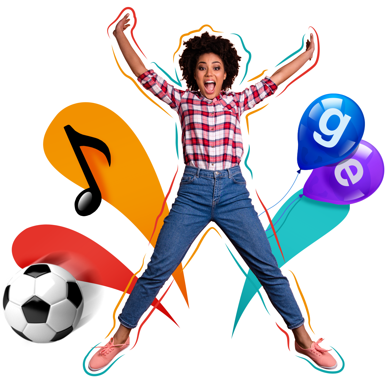 woman in checkered shirt jumping surrounded by a football, balloons and music note